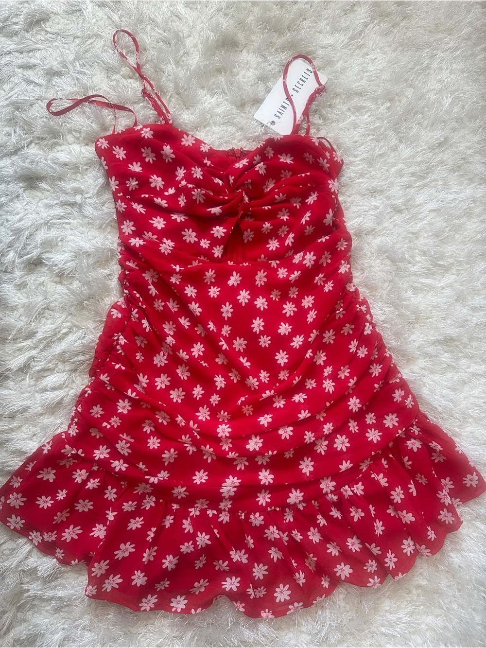 Saint secret revolve Red Daisy Print Mini Dress with Ruffle Hem M